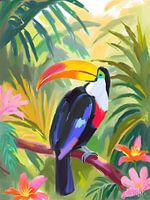 Toucan joyeux en feuilles vertes tropicales
