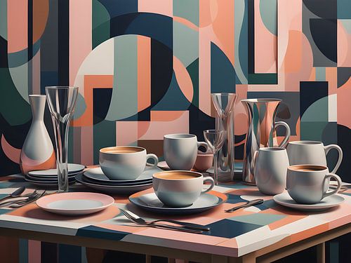 Pastelkleurige compositie van eigentijds servies