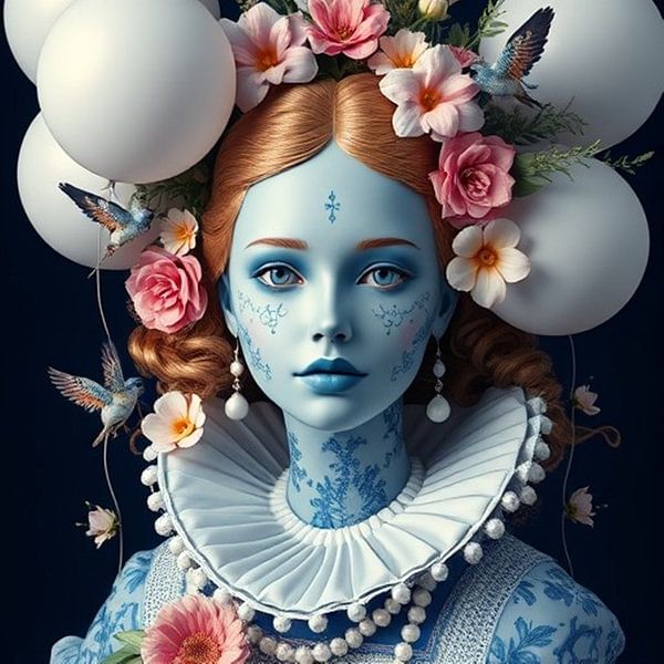 Portrait holländisches Mädchen delft blau modern. von J.a Dijkstra