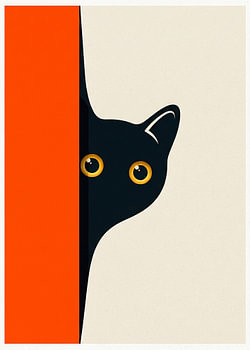 Minimalistische geometrische vectorillustratie van een zwarte kat die achter een oranje muur gluurt