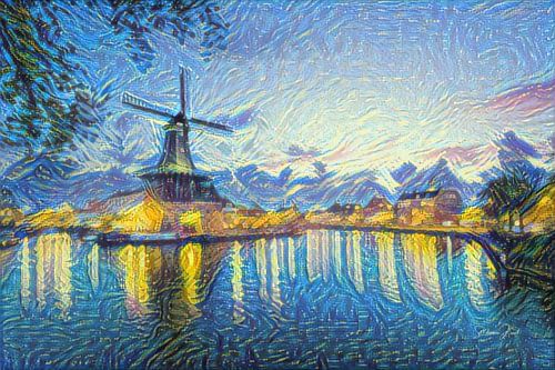 Painting Haarlem Spaarne with Molen de Adriaan in Style Van Gogh by Slimme Kunst.nl