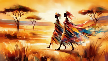 Afrikanische Frauen schreiten mit festem Schritt über die Savanne