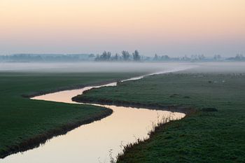 fossé avec brume matinale dans un paysage de polders