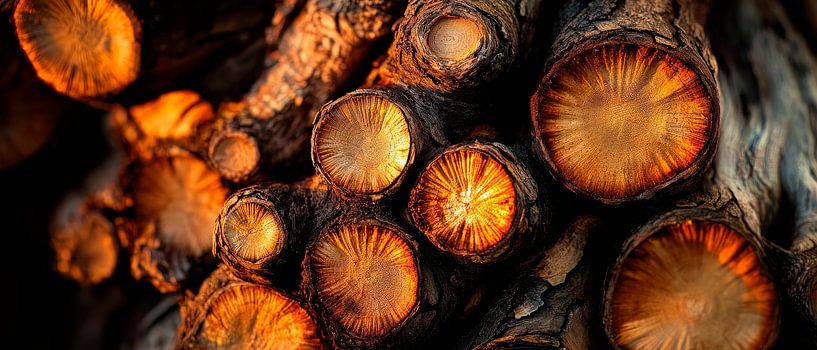 Baumstämme in warmem Licht – Naturdetail von Poster Art Shop