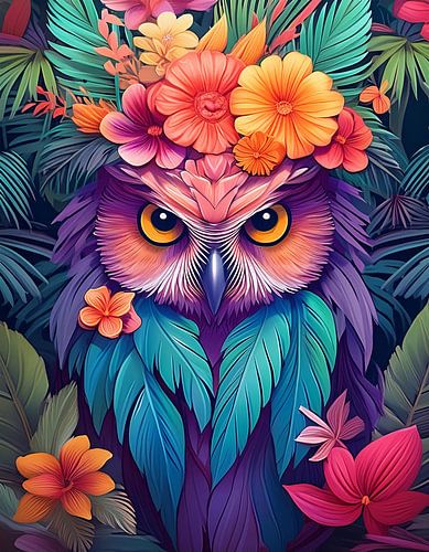 Portrait of an owl in vivid colours.