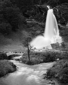 Chute d'eau de Steinsdalsfossen en noir et blanc