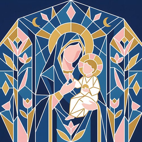 Glas-in-loodafbeelding van de Maagd Maria en het Kindje Jezus
