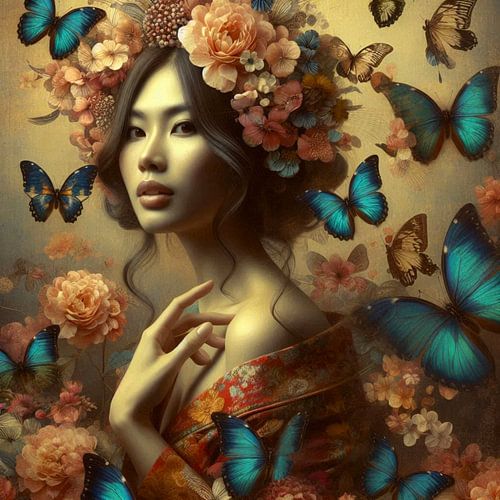 portret van een vrouw met bloemen en vlinders