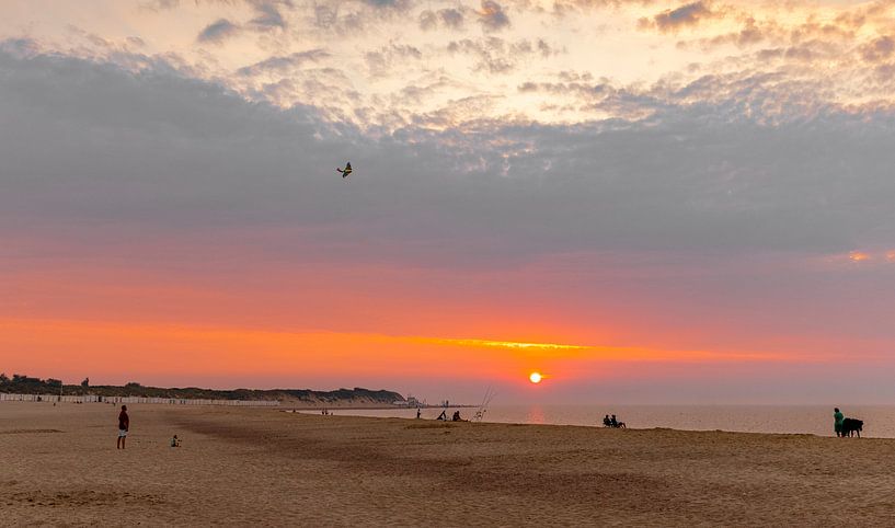 Coloured sky beach Vrouwenpolder with kite by Percy's fotografie