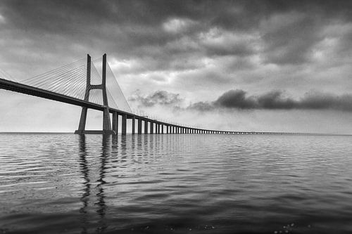 Vasco da Gama bridge in Lisbon in black and white