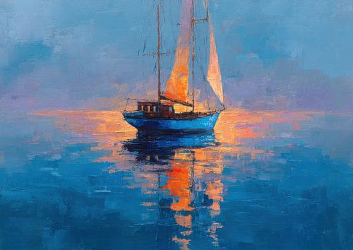 Zeilboot in de zonsondergang - olieverfschilderij