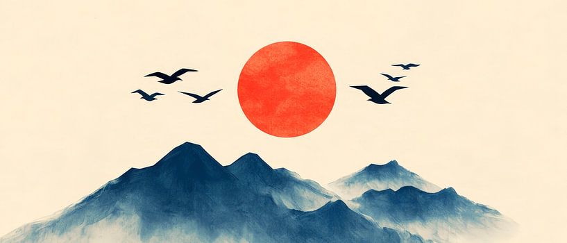 Sonnenuntergang über Bergsilhouette – Aquarell von Poster Art Shop