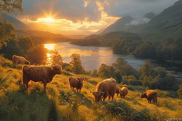 Scottish Highland cattle in heather blossom - Idyllic nature painting for lovers of rural beauty by Felix Brönnimann