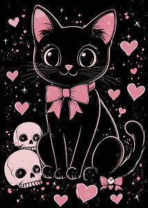 Niedliche schwarze Katze mit Schleife und Totenköpfen