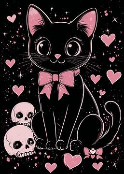 Schattige zwarte kat met strik en doodshoofden van Pixelbull Design