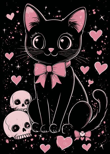 Niedliche schwarze Katze mit Schleife und Totenköpfen von Pixelbull Design