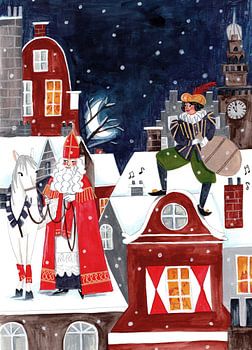 Sinterklaas en Piet op het dak