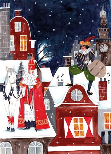 Sinterklaas en Piet op het dak