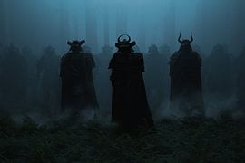 Dark figures as samurai soldiers in foggy surroundings by Besa Art