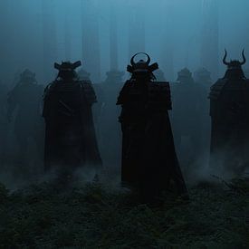 Dark figures as samurai soldiers in foggy surroundings by Besa Art