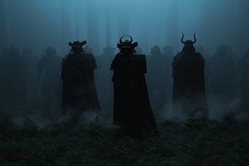 Dark figures as samurai soldiers in foggy surroundings by Besa Art