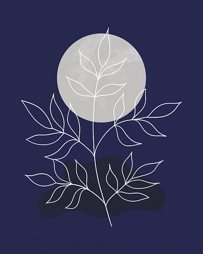 Abstract landschap in nachtblauw met een maan in zilvergrijs