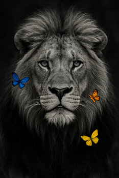Lion in balance - grey and white with colourful butterflies
