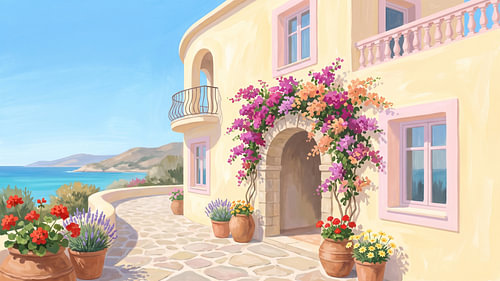 Villa en bord de mer ensoleillée, pleine de fleurs