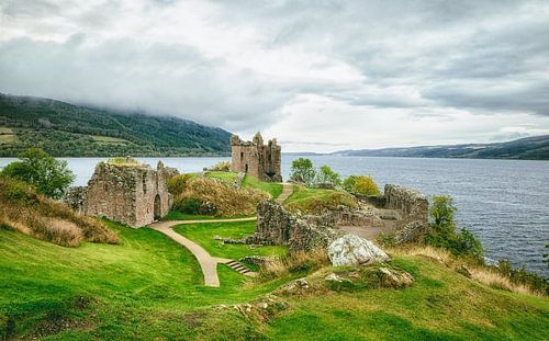 Urquhart Castle ruins on Loch Ness lake in the Scottish Highlands.  Scotland Deluxe!
