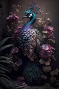 Pfau mit Blumen