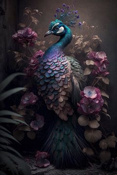 Peacock with flowers by Digitale Schilderijen