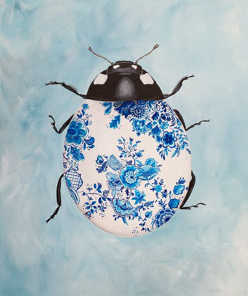 Lady Blue - surreal painting of a ladybug with Delft blue by QEIMOY