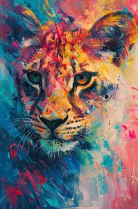 Lionne au regard pénétrant en couleurs abstraites