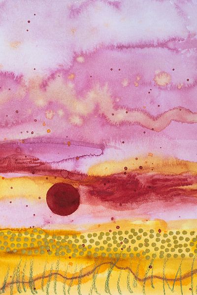 Abstract dune landscape with sunset in pink and ochre yellow by Danielle Roeleveld