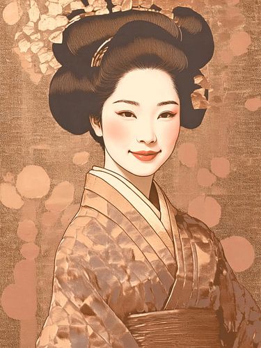 Portret van een  traditionele Japanse vrouw in kimono in warme koperkleuren