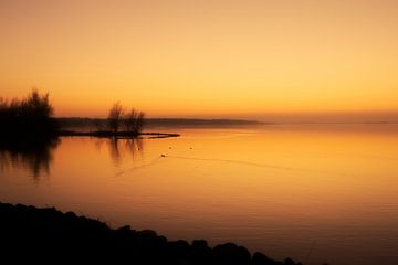Oranje zonsondergang boven het Gooimeer met eendjes van Jos van den berg