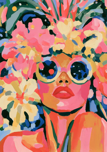 Wearing round sunglasses and with colourful flowers in her hair