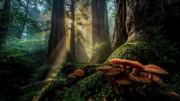 Een oerwoud in Nederland met Paddestoelen.