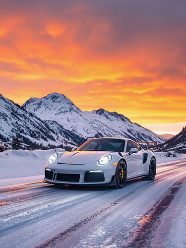 Porsche 911 GT3 RS op een besneeuwde bergweg bij zonsondergang