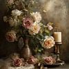 Romantisches Stillleben mit Rosen und Kerze - Klassische Wanddekoration in warmen Erdtönen von Joriali Fine Art