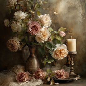 Romantisches Stillleben mit Rosen und Kerze - Klassische Wanddekoration in warmen Erdtönen von Joriali Fine Art
