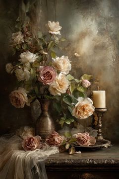 Romantisch stilleven met rozen en kaars - Klassieke wanddecoratie in warme aardetinten
