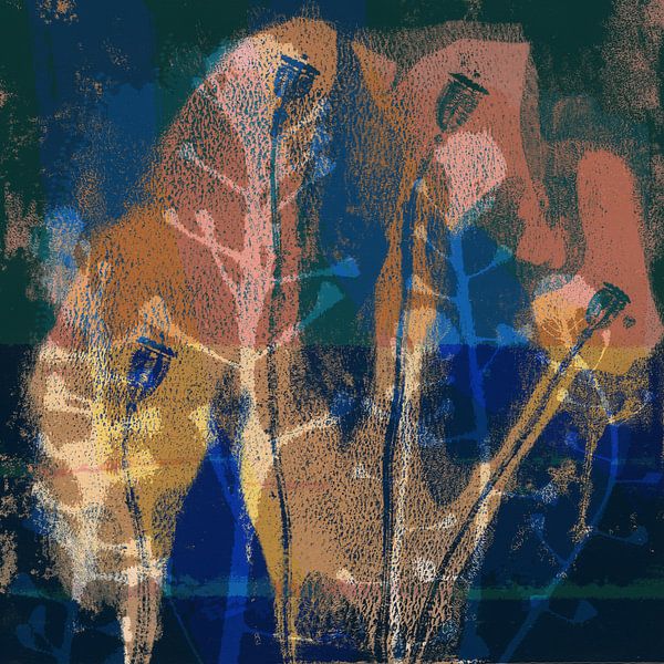 Fairytales of the forest. Colorful abstract botanical art in blue and terra by Dina Dankers
