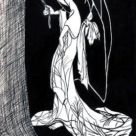 Illustration black and white drawing of a Geisha by Ineke de Rijk