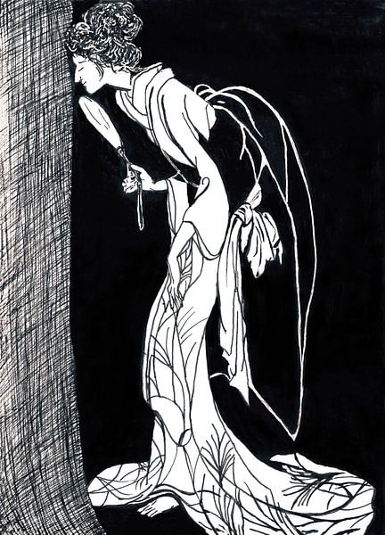 Illustration black and white drawing of a Geisha by Ineke de Rijk