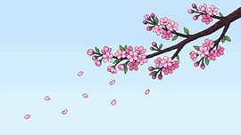Branche de cerisier en fleurs en pixel art avec des pétales qui tombent sur un fond bleu pâle sur my pixel art