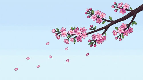 Pixel-Art-Zweig mit Kirschblüten und herabfallenden Blütenblättern vor einem zartblauen Hintergrund