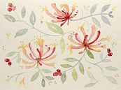 Kamperfoelie (aquarel schilderij pastel kleuren rood roze planten bloemen tuin klimplant fleurig ) van Natalie Bruns thumbnail