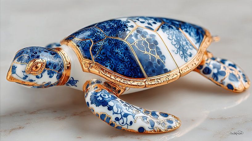 Schildkröte in Delfter Blau und Gold auf weißem Marmorgrund von Gelissen Artworks