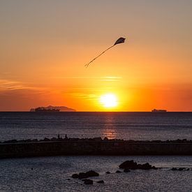 Zonsondergang met vlieger, Livorno, Italië van Guido van Veen